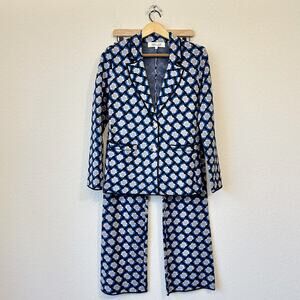 DIANE VON FURSTENBERG Blazer Pants Set Women Sz 8/4 Blue Geometric Office Preppy